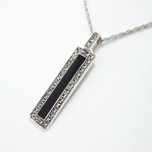 Black Enamel Rectangle Pendant with Marcasite - Click Image to Close